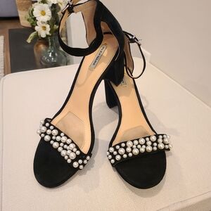 Alex Marie Open Toe Pearl Strap Velvet Wrapped Block Heel Shoes